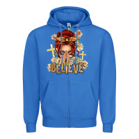 True Royal Red Hair Believe Praying Caucasian Messy Bun Zipper Hoodie - texasbilliewilder