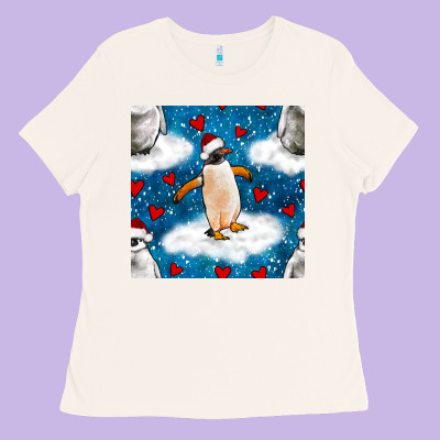Christmas Penguin And Heart Seamless Pattern Ladies Tee Designed By Bundleandbundleshop