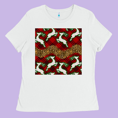 Christmas Deer And Plaid Seamless Pattern Ladies Tee Designed By Bundleandbundleshop