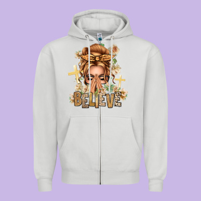 Blonde Hair Believe Praying Caucasian Messy Bun Zipper Hoodie Designed By Texasbilliewilder