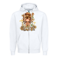White Blonde Hair Believe Praying Caucasian Messy Bun Zipper Hoodie - texasbilliewilder