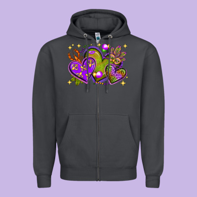 Mardi Gras Hearts Zipper Hoodie Designed By Nancycooperartshop
