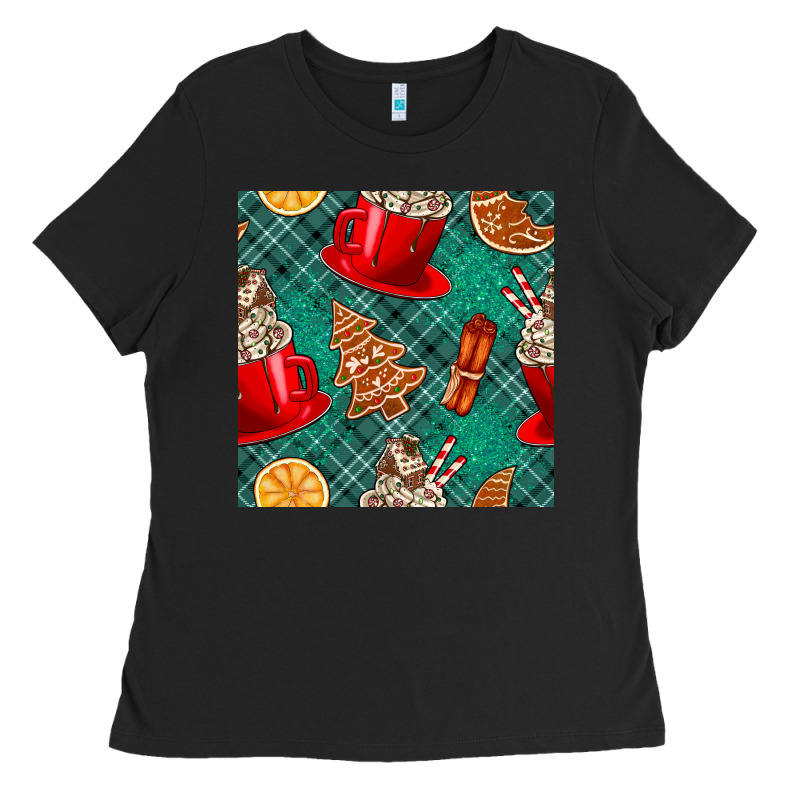 Christmas Hot Chocolate And Cookie Seamless Pattern Ladies Tee by BundleAndBundleShop | Teevron
