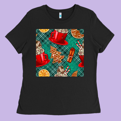 Christmas Hot Chocolate And Cookie Seamless Pattern Ladies Tee Designed By Bundleandbundleshop