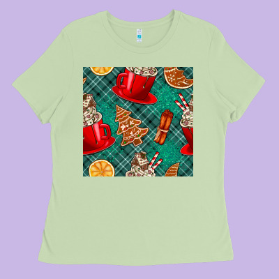 Christmas Hot Chocolate And Cookie Seamless Pattern Ladies Tee Designed By Bundleandbundleshop