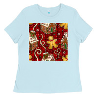 Baby Blue christmas gingerbread cookie house seamless pattern Ladies Tee - BundleAndBundleShop
