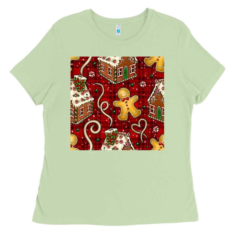 Christmas Gingerbread Cookie House Seamless Pattern Ladies Tee by BundleAndBundleShop | Teevron