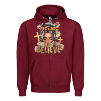 Burgundy Silver White Believe Praying Caucasian Messy Bun Zipper Hoodie - texasbilliewilder