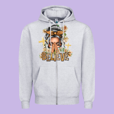 Silver White Believe Praying Caucasian Messy Bun Zipper Hoodie Designed By Texasbilliewilder