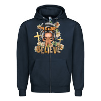 Navy Silver White Believe Praying Caucasian Messy Bun Zipper Hoodie - texasbilliewilder