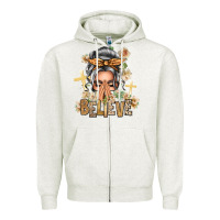 Oatmeal Heather Silver White Believe Praying Caucasian Messy Bun Zipper Hoodie - texasbilliewilder
