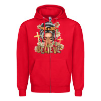 Red Silver White Believe Praying Caucasian Messy Bun Zipper Hoodie - texasbilliewilder