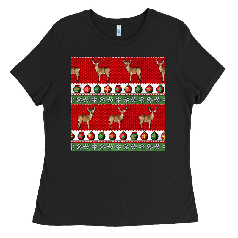 Christmas Deer And Ornaments Seamless Pattern Ladies Tee by BundleAndBundleShop | Teevron