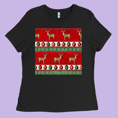 Christmas Deer And Ornaments Seamless Pattern Ladies Tee Designed By Bundleandbundleshop