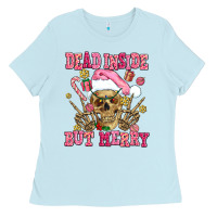 Baby Blue dead inside but merry  pink christmas skeleton Ladies Tee - AdoDesignShop