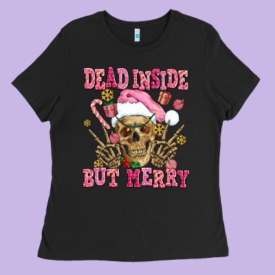 Dead Inside But Merry  Pink Christmas Skeleton Ladies Tee Designed By Adodesignshop