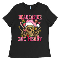 Black dead inside but merry  pink christmas skeleton Ladies Tee - AdoDesignShop