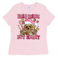 Bubblegum Pink dead inside but merry  pink christmas skeleton Ladies Tee - AdoDesignShop