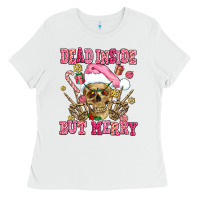 White dead inside but merry  pink christmas skeleton Ladies Tee - AdoDesignShop