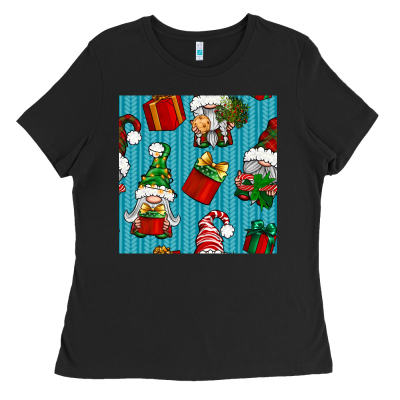 Christmas Gnomes And Gift Box Seamless Pattern Ladies Tee by BundleAndBundleShop | Teevron