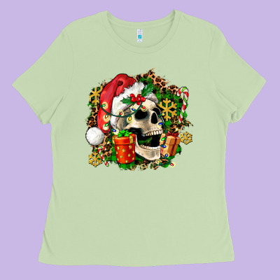 Christmas Skull And Gift Ladies Tee Designed By Adodesignshop