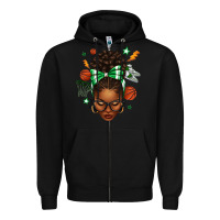 Black Afro Messy Bun Basketball Green Bow Zipper Hoodie - texasbilliewilder