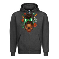 Charcoal Heather Afro Messy Bun Basketball Green Bow Zipper Hoodie - texasbilliewilder