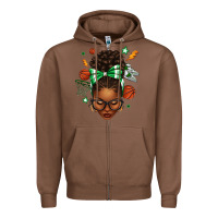 Chestnut Afro Messy Bun Basketball Green Bow Zipper Hoodie - texasbilliewilder