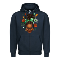 Navy Afro Messy Bun Basketball Green Bow Zipper Hoodie - texasbilliewilder