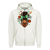 Oatmeal Heather Afro Messy Bun Basketball Green Bow Zipper Hoodie - texasbilliewilder