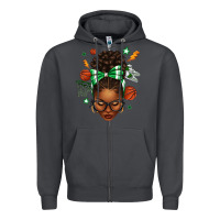 Smoke Afro Messy Bun Basketball Green Bow Zipper Hoodie - texasbilliewilder