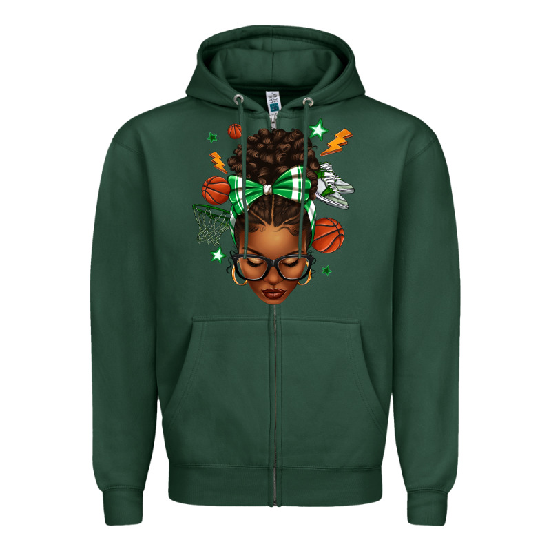 Afro Messy Bun Basketball Green Bow Zipper Hoodie by texasbilliewilder | Teevron