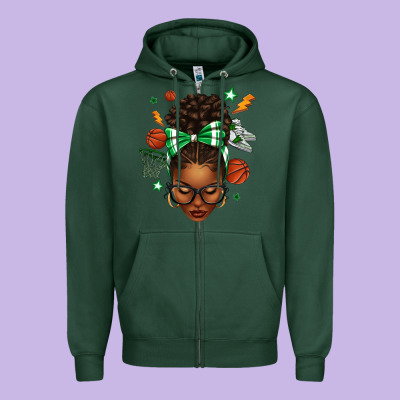 Afro Messy Bun Basketball Green Bow Zipper Hoodie Designed By Texasbilliewilder