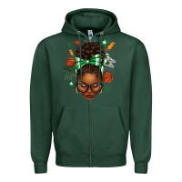 Sports Green Afro Messy Bun Basketball Green Bow Zipper Hoodie - texasbilliewilder