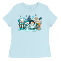 Baby Blue winter snowman coffee cups Ladies Tee - AdoDesignShop