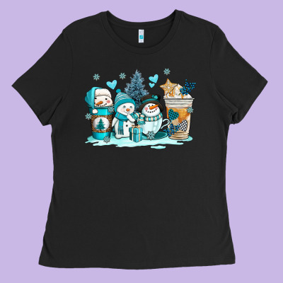 Winter Snowman Coffee Cups Ladies Tee Designed By Adodesignshop