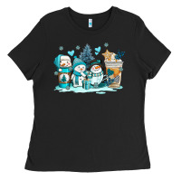 Black winter snowman coffee cups Ladies Tee - AdoDesignShop