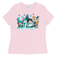 Bubblegum Pink winter snowman coffee cups Ladies Tee - AdoDesignShop