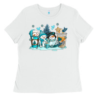 White winter snowman coffee cups Ladies Tee - AdoDesignShop