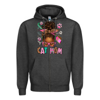 Charcoal Heather Afro Messy Bun Cat Mom Zipper Hoodie - texasbilliewilder
