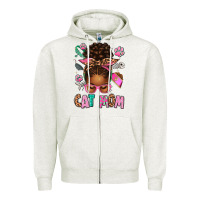 Oatmeal Heather Afro Messy Bun Cat Mom Zipper Hoodie - texasbilliewilder
