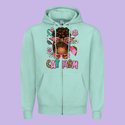 Afro Messy Bun Cat Mom Zipper Hoodie Designed By Texasbilliewilder