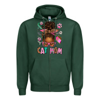 Sports Green Afro Messy Bun Cat Mom Zipper Hoodie - texasbilliewilder