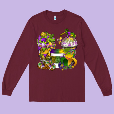 Mardi Gras Coffee Cups Long Sleeve Tee Designed By Bundleandbundleshop