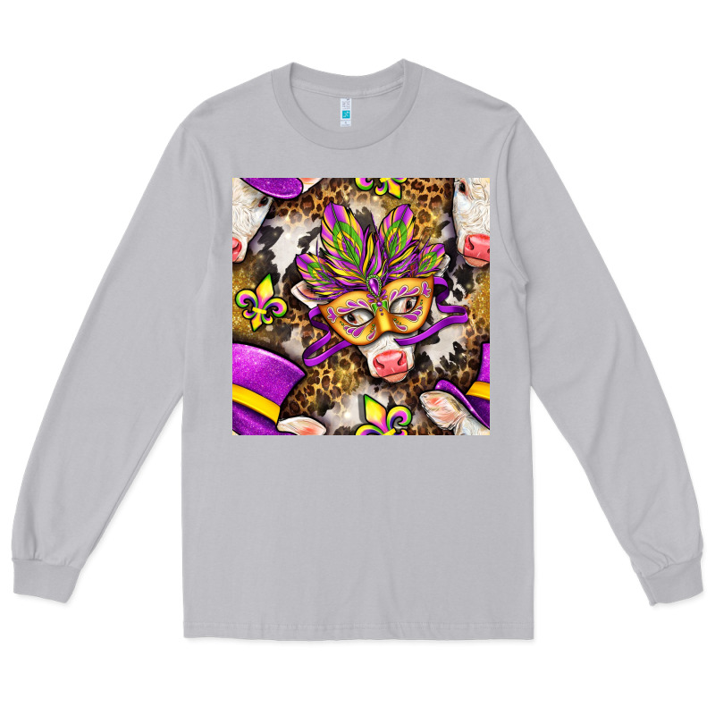 Mardi Gras Cow With Carnival Mask Seamless Pattern Long Sleeve Tee by BundleAndBundleShop | Teevron