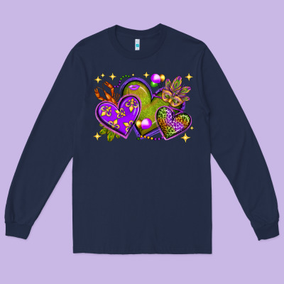Mardi Gras Hearts Long Sleeve Tee Designed By Bundleandbundleshop