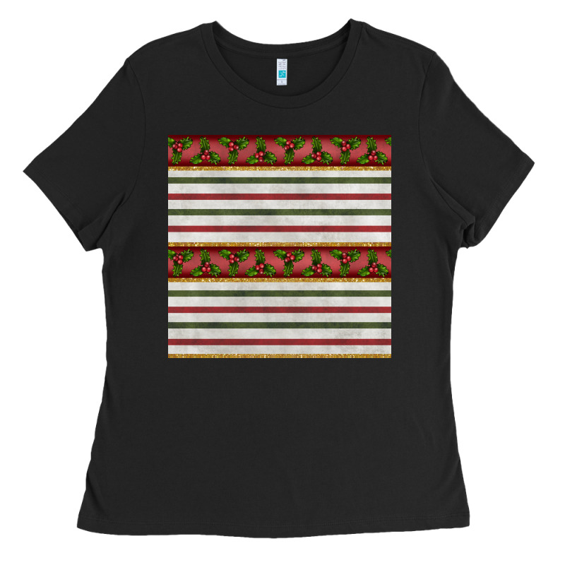 Christmas Mistletoe And Stripes Seamless Pattern Ladies Tee by BundleAndBundleShop | Teevron