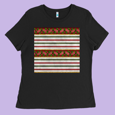 Christmas Mistletoe And Stripes Seamless Pattern Ladies Tee Designed By Bundleandbundleshop