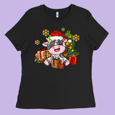 Little Cute Christmas Cow Ladies Tee Designed By Adodesignshop