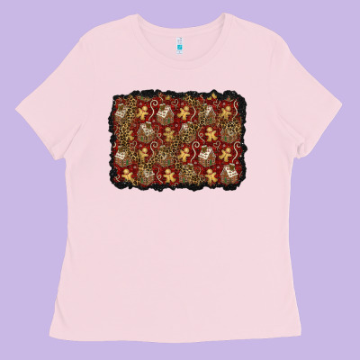 Christmas Gingerbread Man And House Background Ladies Tee Designed By Bundleandbundleshop